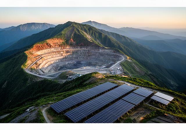 山間の鉱山と太陽光発電設備を見渡す資源調査の風景